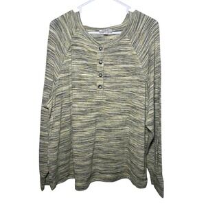 LOFT Henley Knit Long Sleeve Top Green Yellow Stripe Womens Size XL